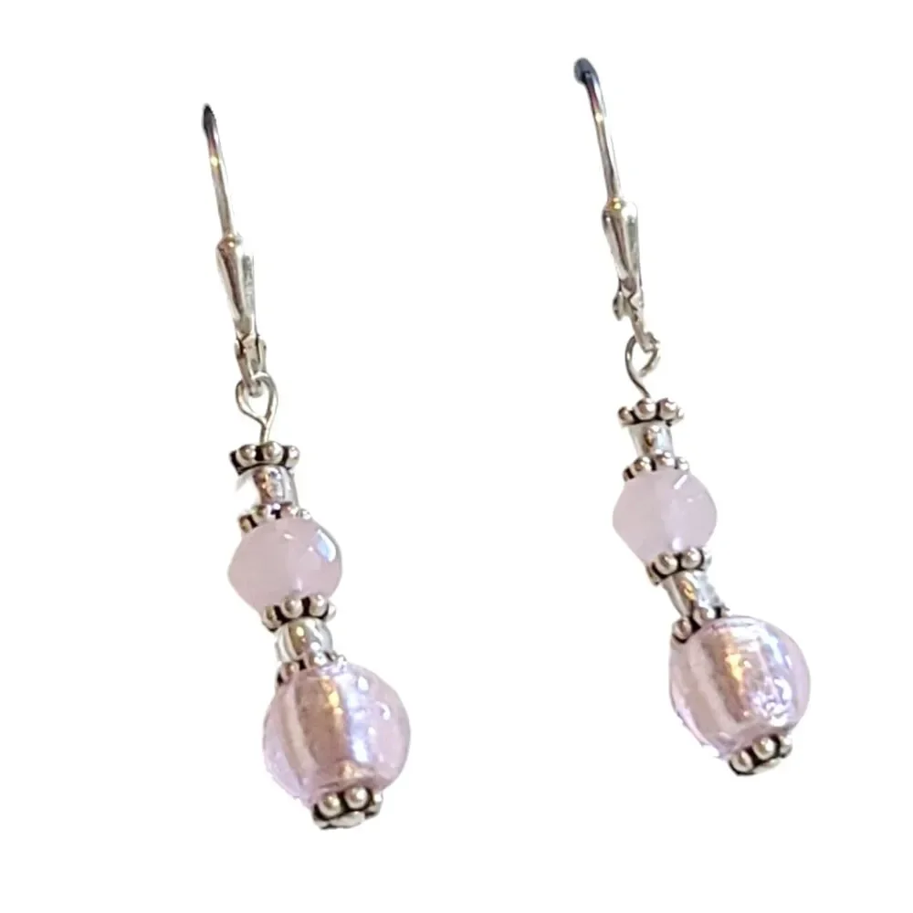 Vintage Sterling Silver 925 Shimmer Pink Bead Dangle Drop Earrings